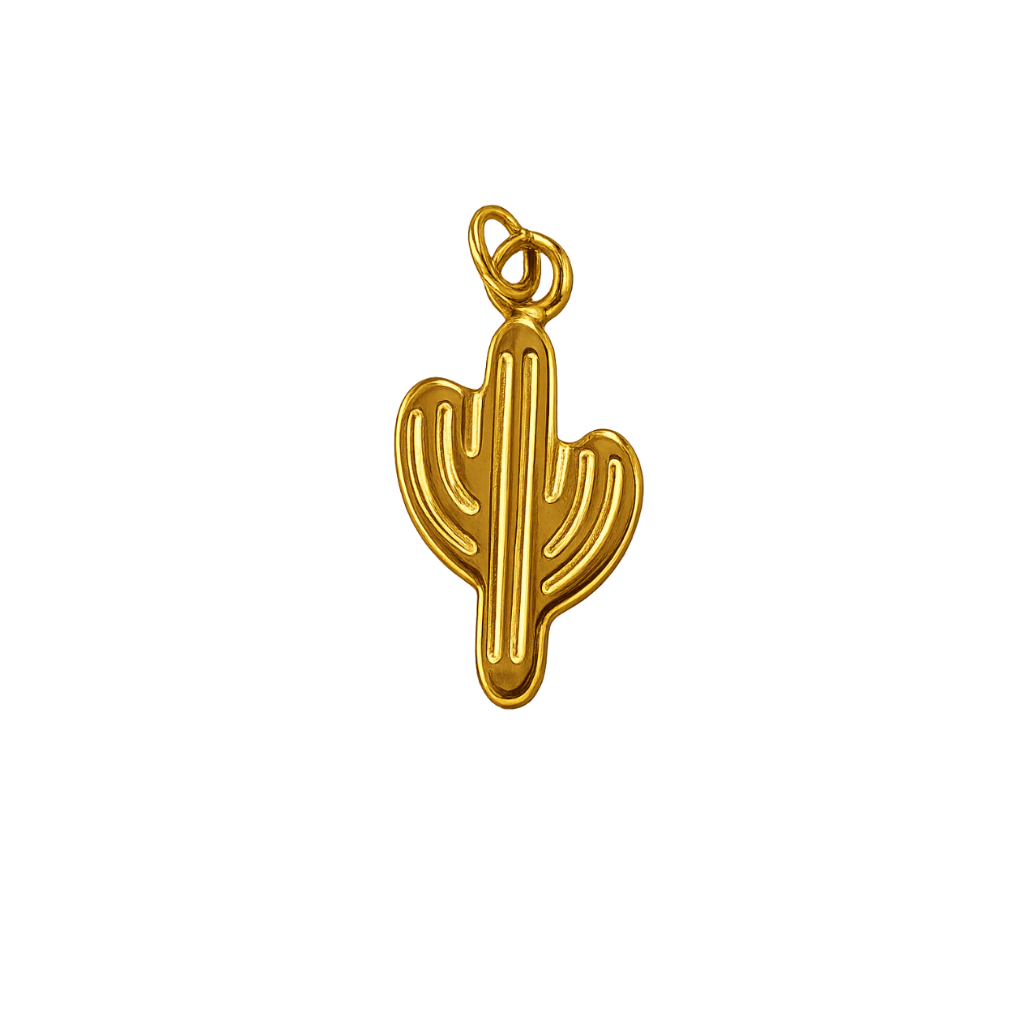 A small gold cactus-shaped charm or pendant with a loop at the top, shown on a plain white background.