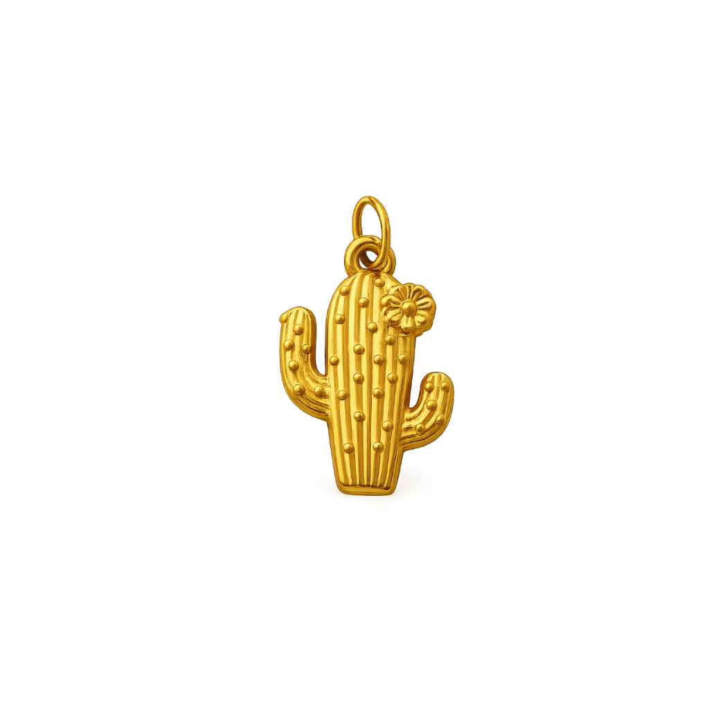 A gold cactus-shaped pendant with a textured vertical body, raised ribs, small bead-like details, and a small flower accent on the right side, shown on a plain white background.