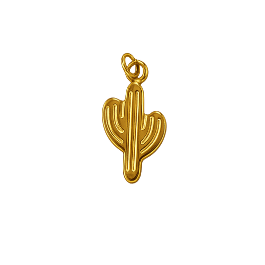 A small gold cactus-shaped charm or pendant with a loop at the top, shown on a plain white background.