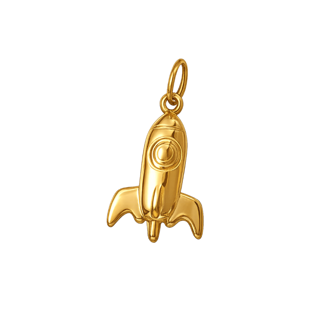 A polished gold rocket-shaped pendant charm with a small top loop, shown on a plain white background.