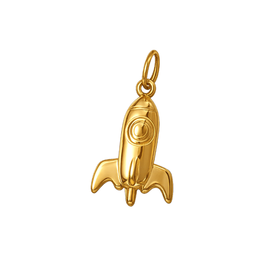 A polished gold rocket-shaped pendant charm with a small top loop, shown on a plain white background.