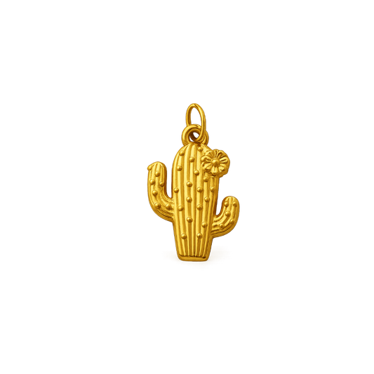 A gold cactus-shaped pendant with a textured vertical body, raised ribs, small bead-like details, and a small flower accent on the right side, shown on a plain white background.