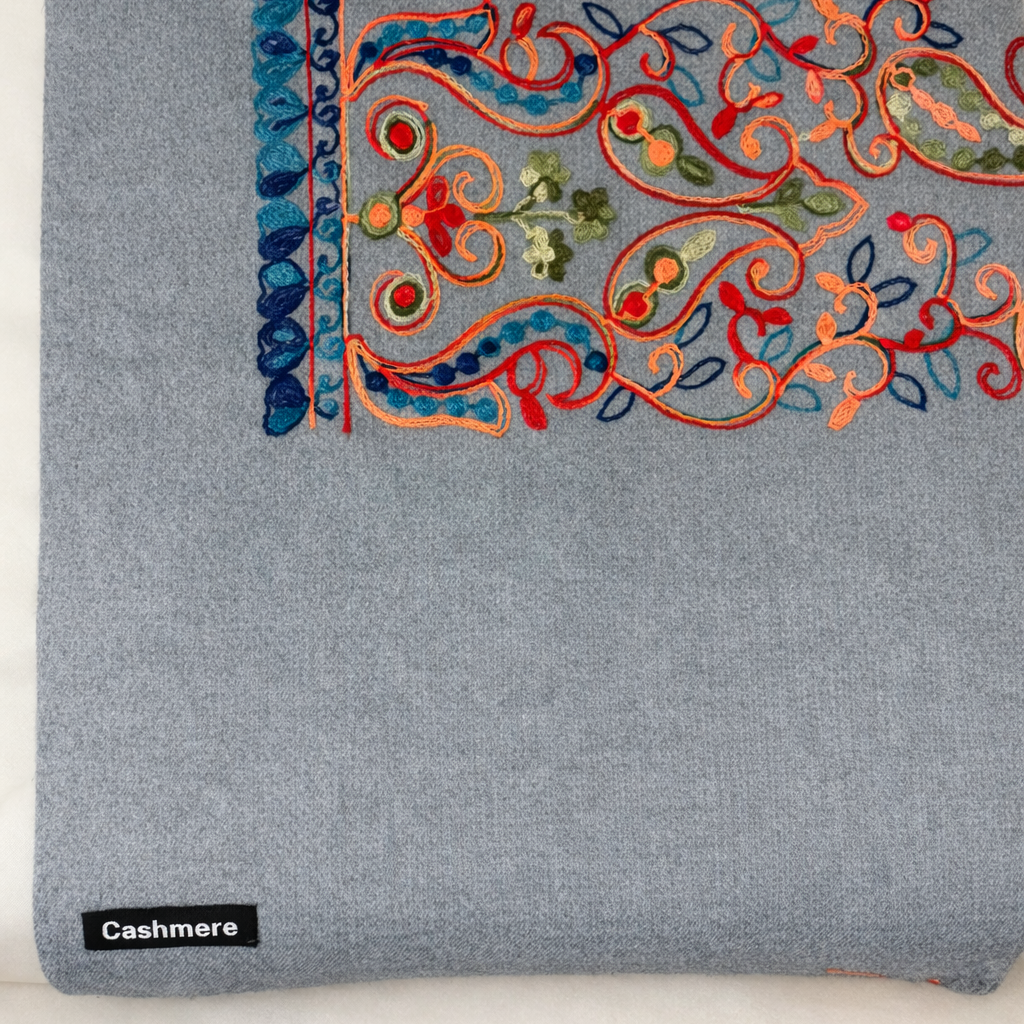 Gray cashmere scarf with colorful embroidered border 