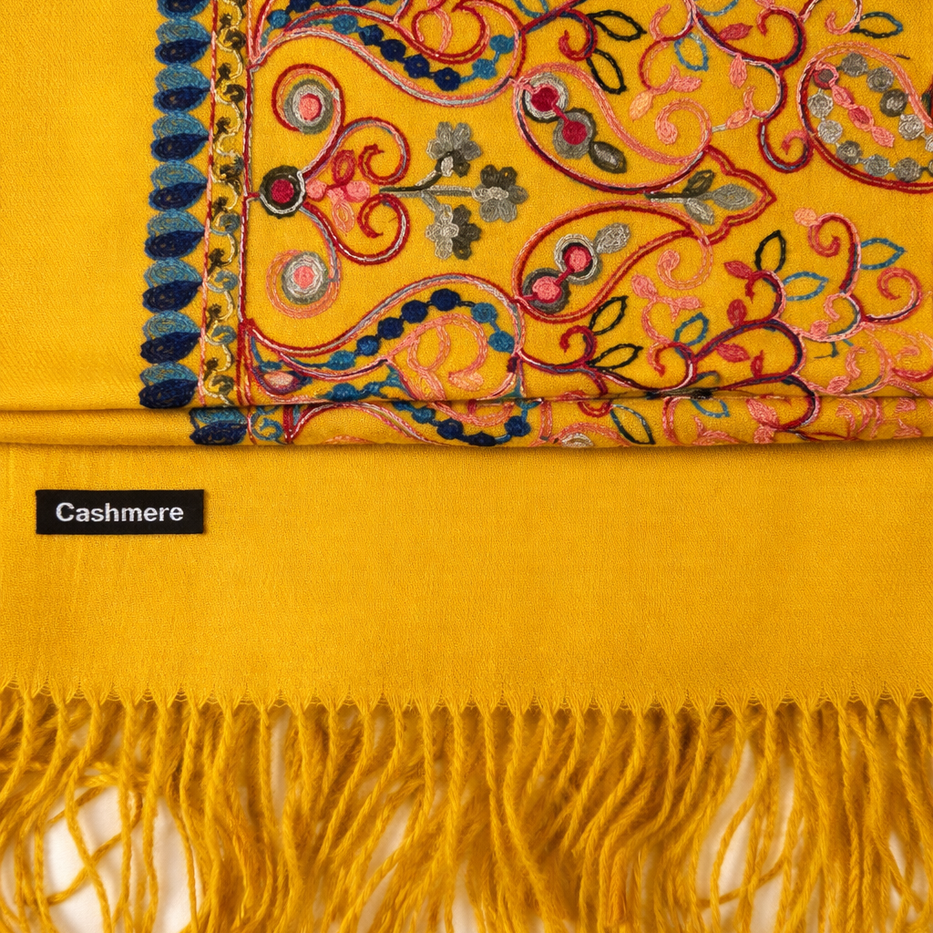 Mustard Yellow cashmere scarf with intricate patterns and fringes