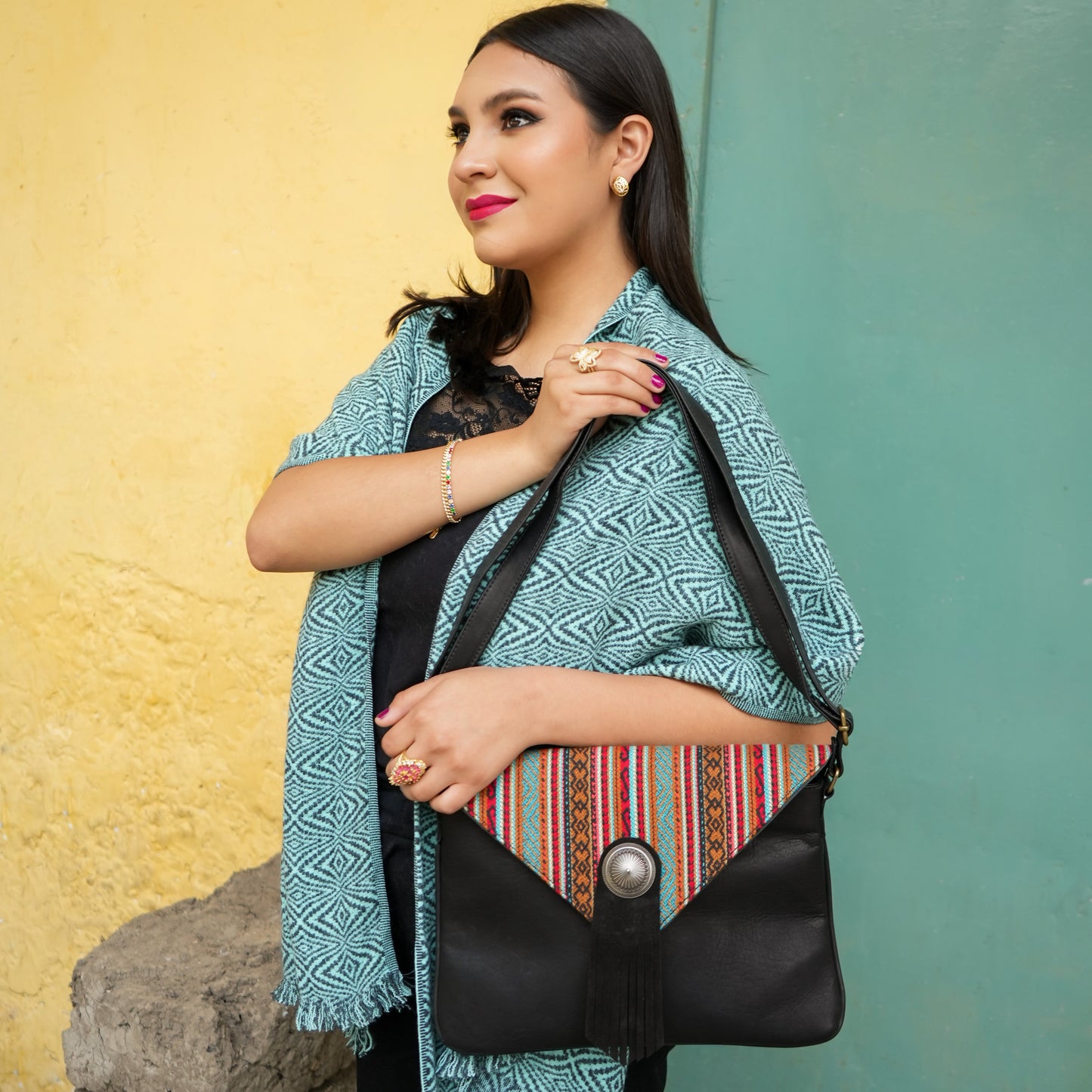 Amaru Leather & Woven Envelope Shoulder Bag